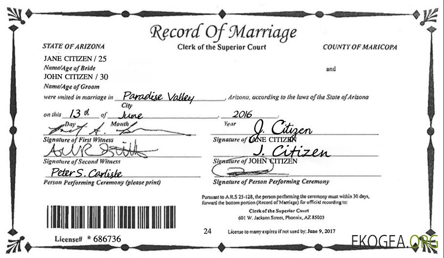 Modèle de certificat de mariage de l'État de l'Arizona aux États Unis au format PSD